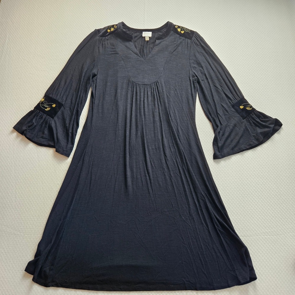 Tunic Dress S Black Velvet Trim Embroidered Bell Sleeve Slinky Fall Whimsigoth